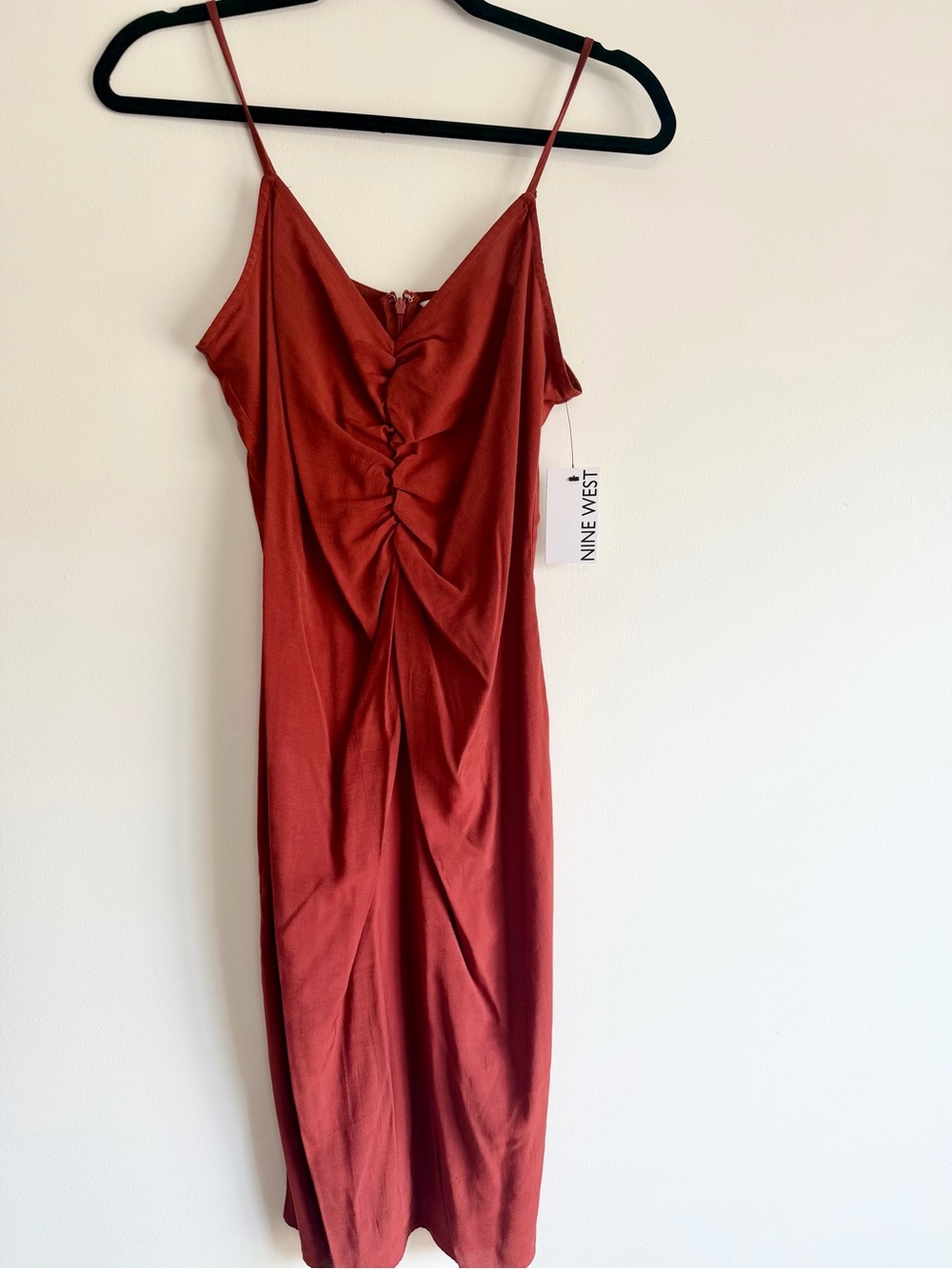 Nine West Rust Red Ruched Midi Slip Dress - Picture 2 of 6